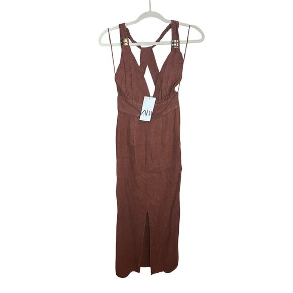 Nwt- Zara LINEN MIDI DRESS WITH BEADS-M - Picture 5 of 9